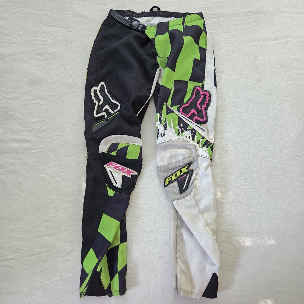 Fox Racing Black and Green Checkered Pants Kids 12/14 28 Youth Motorcross